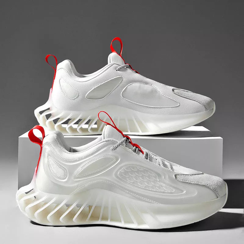 Large size blade men's running shoes with hollow out design in white, black, and blue orange