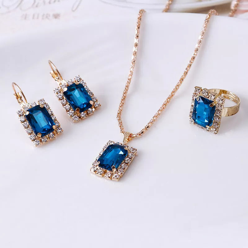 Elegant alloy crystal jewelry set with necklace, earrings, and ring in various colors