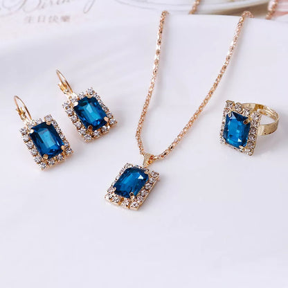 Elegant alloy crystal jewelry set with necklace, earrings, and ring in various colors