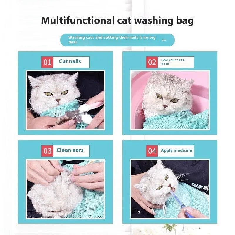Upgraded fifth-generation cat grooming bag in pink and white colours on a table.
