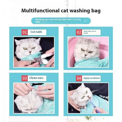 Upgraded fifth-generation cat grooming bag in pink and white colours on a table.