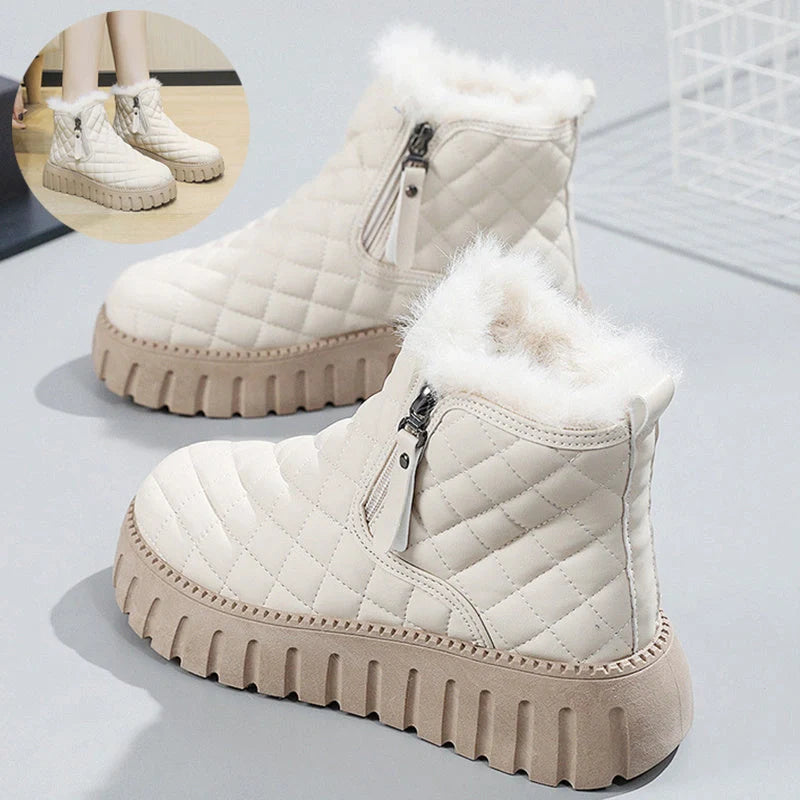 Women's plaid pattern platform ankle boots with side zipper and plush lining in khaki, black, and beige