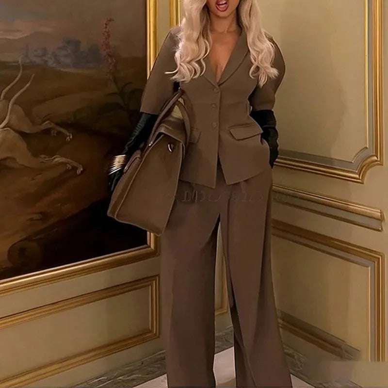 Brown polyester top and trousers suit set with slim fit waist, long sleeves, and full-length trousers