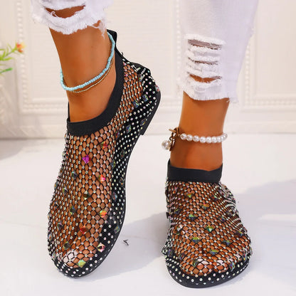 Women's flat sandals with mesh upper, colourful rhinestones, and rubber sole in sizes 35-43