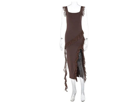 Chic spaghetti strap maxi dress with thigh-high slit in various colors