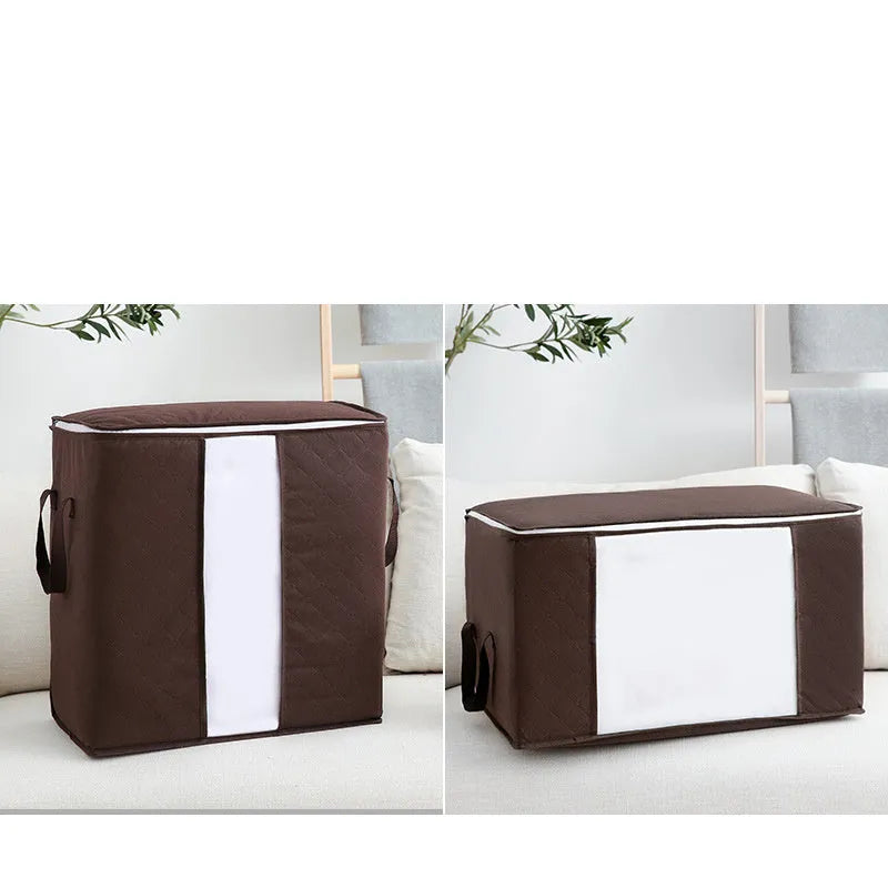 Non-woven storage bag in beige colour with handbag shape for organising quilts and clothes