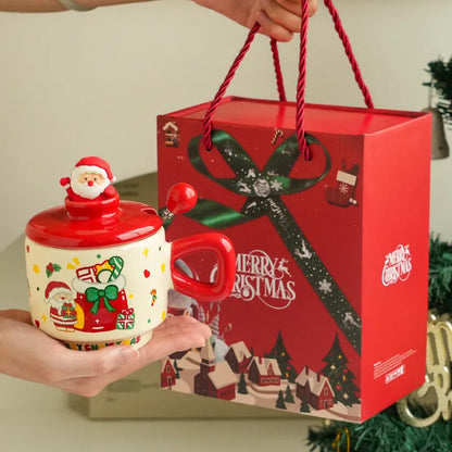 Christmas ceramic cup with lid, 8cm height, 9cm caliber, 301-400ml, round single-layer cartoon festive design