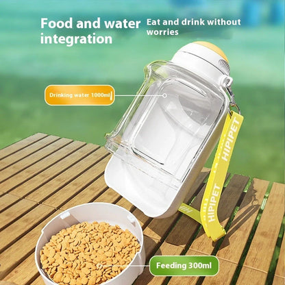 Portable 2-in-1 dog and cat water bowl with food container, available in white, yellow, and grey colors