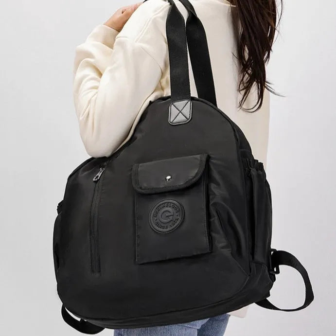 Outdoor backpack showing sandwich pocket design with 48cm height dimensions and nylon construction