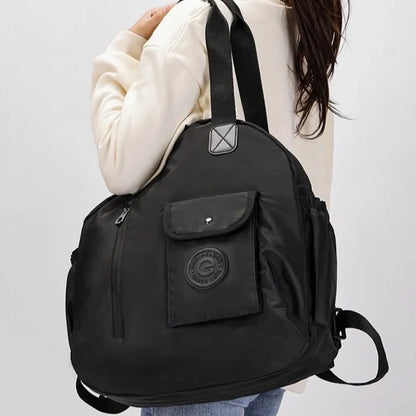 Outdoor backpack showing sandwich pocket design with 48cm height dimensions and nylon construction