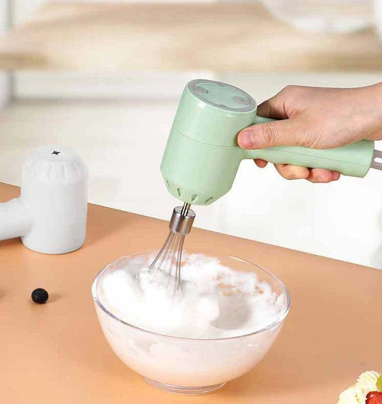 Cordless mini wireless electric hand mixer with whisk and beater attachments, available in green, white, and pink colors