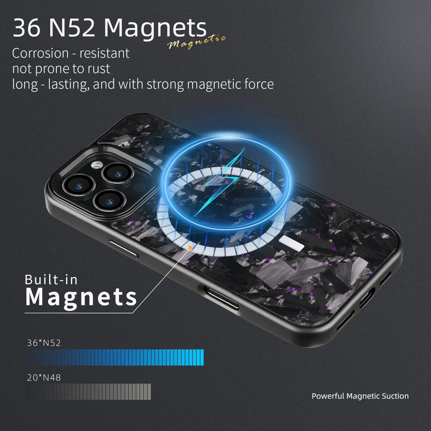 Carbon fibre mobile phone protective shell with forged pattern metal frame and magnetic attachment for iPhone 17