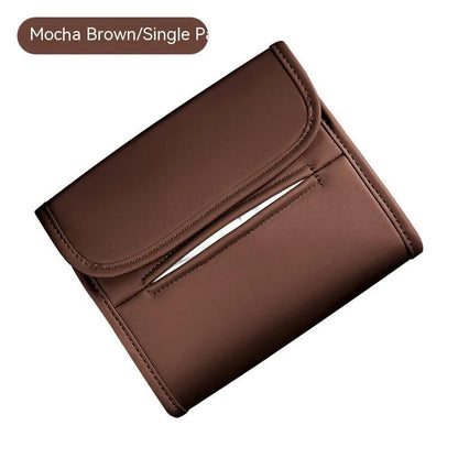 Leather car tissue box holder mounted on vehicle sun visor with elastic band installation