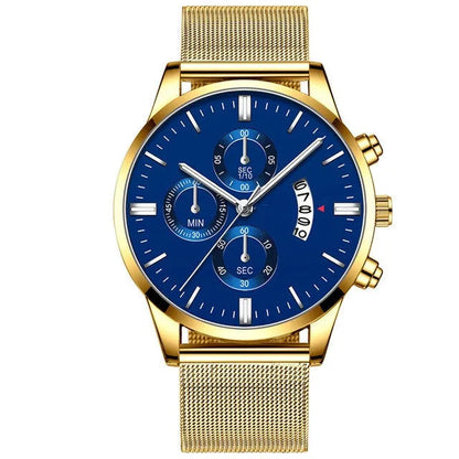 Men's stainless steel mesh band quartz watch showing two-tone colour options on a 4.2cm case.
