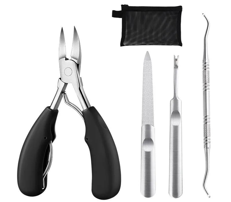 Stainless steel nail clippers with a blue ABS plastic handle and accompanying grooming tools on a white background.
