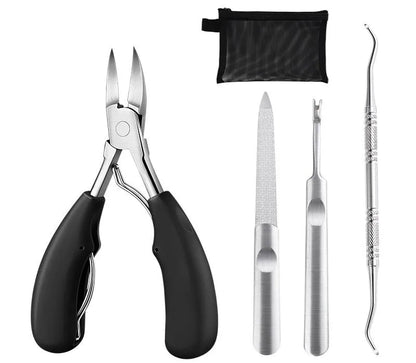 Stainless steel nail clippers with a blue ABS plastic handle and accompanying grooming tools on a white background.