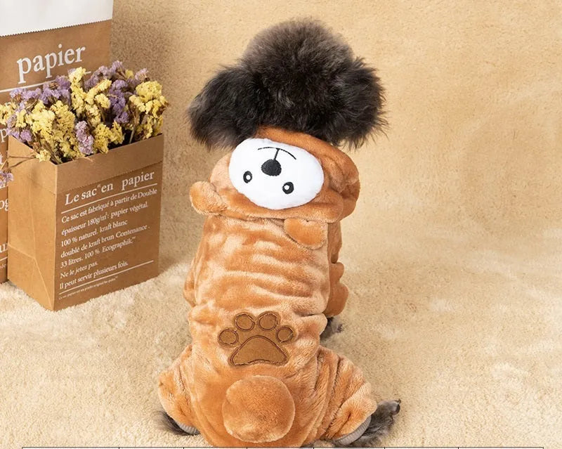 Coral fleece four-legged dog costume in cartoon style, sizes XS to 2XL, five character options