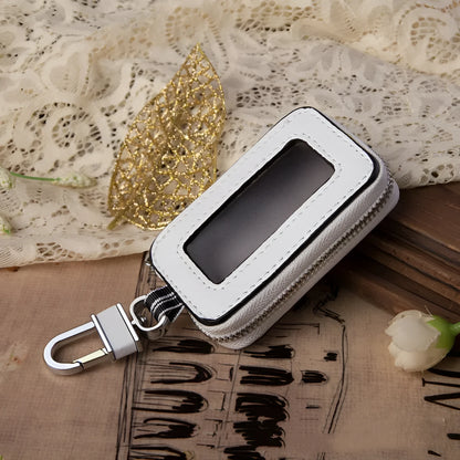 White genuine leather car key case with square vertical design