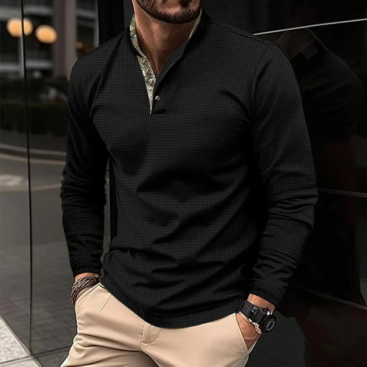 Premium long-sleeve polo shirt in various colors and sizes, featuring a unique double-layer lapel design and soft, breathable waffle fabric for a sophisticated, casual look.