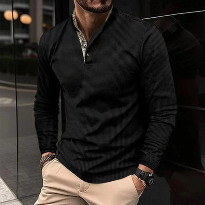 Premium long-sleeve polo shirt in various colors and sizes, featuring a unique double-layer lapel design and soft, breathable waffle fabric for a sophisticated, casual look.