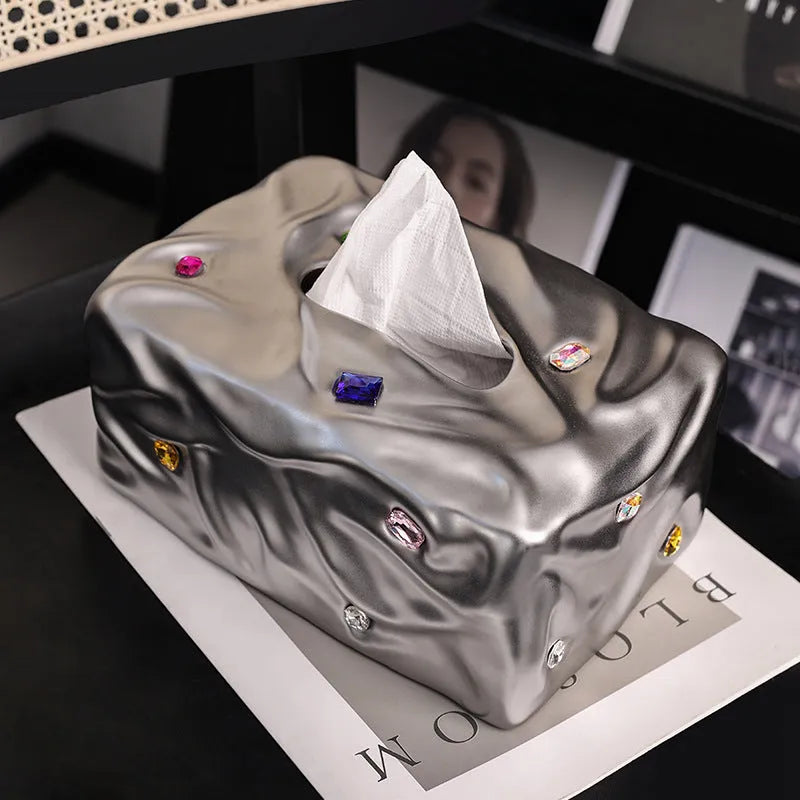 Ceramic tissue box with gem party design in matte white or silver finish