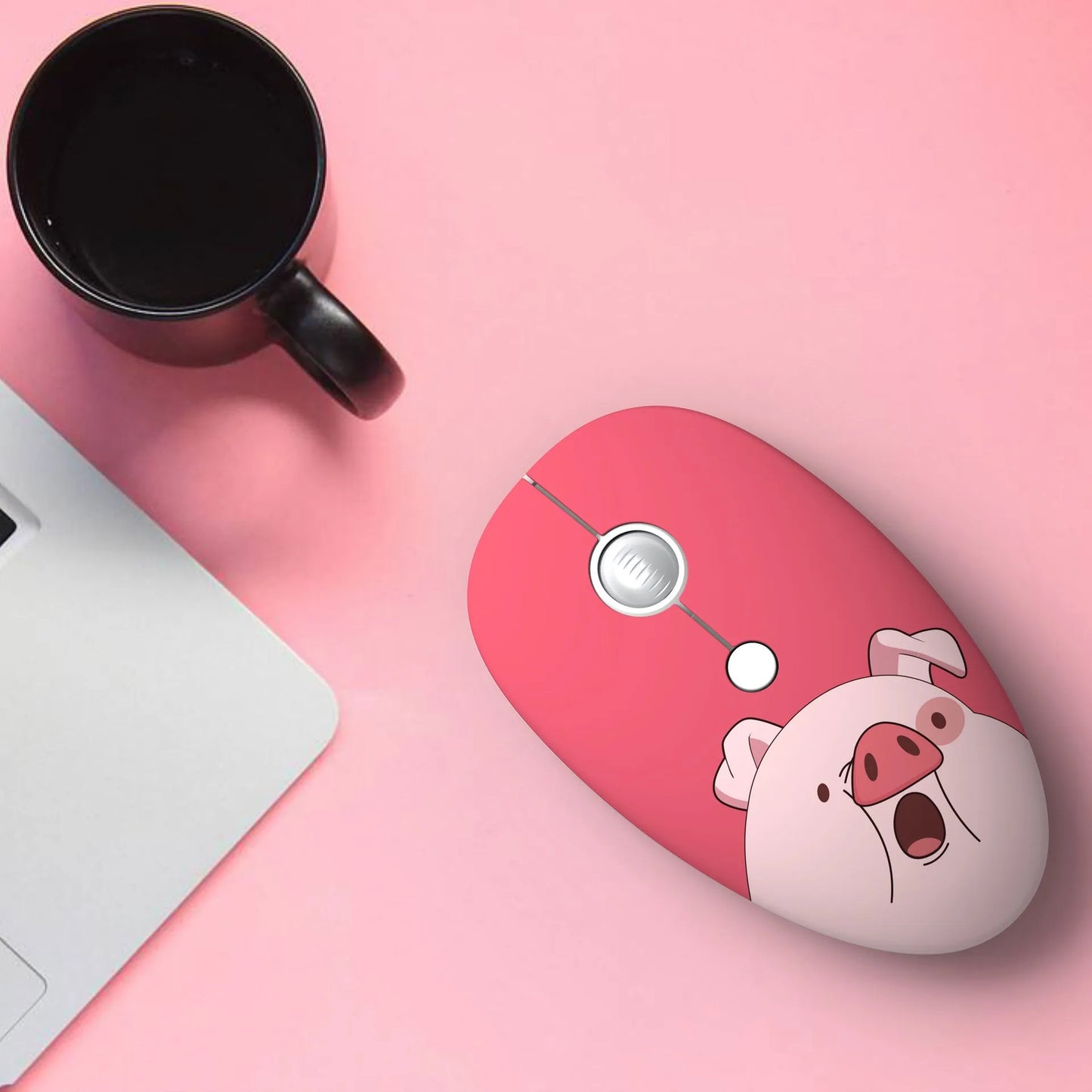 Wireless mini mouse with cartoon animal design showing compact 10.55cm width and USB receiver