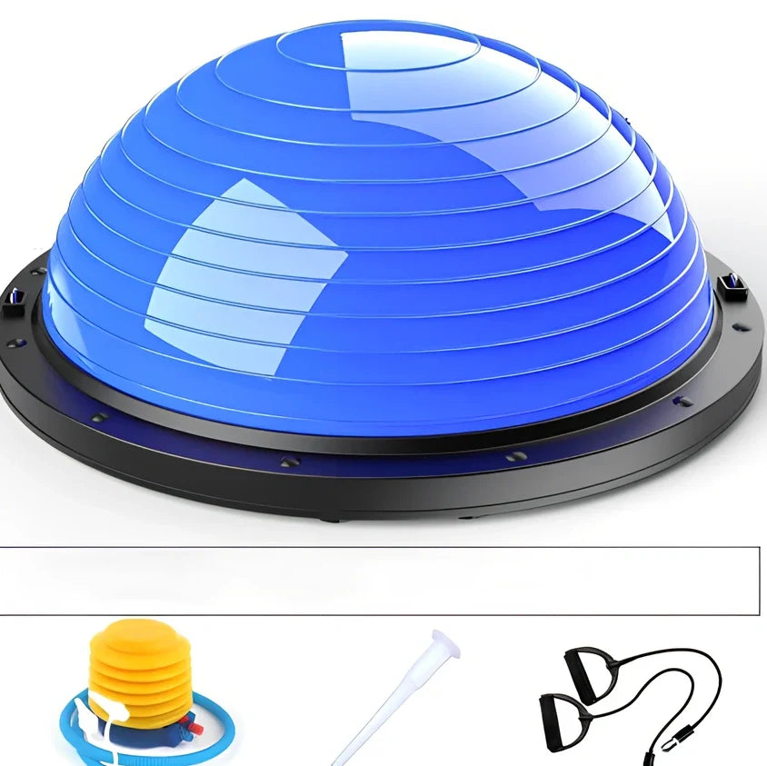 Blue Pilates exercise ball with inflation pump and storage accessories for home fitness