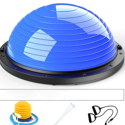 Blue Pilates exercise ball with inflation pump and storage accessories for home fitness