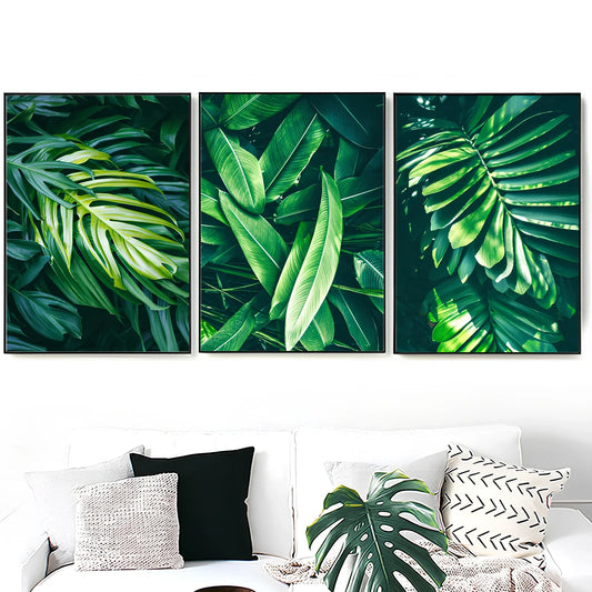 Frameless canvas painting featuring green plant design for living room wall display