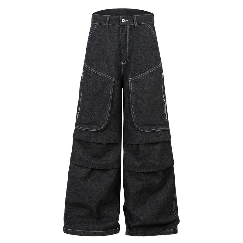 Black multi-pocket pleated workwear jeans with zip fly and straight leg cut