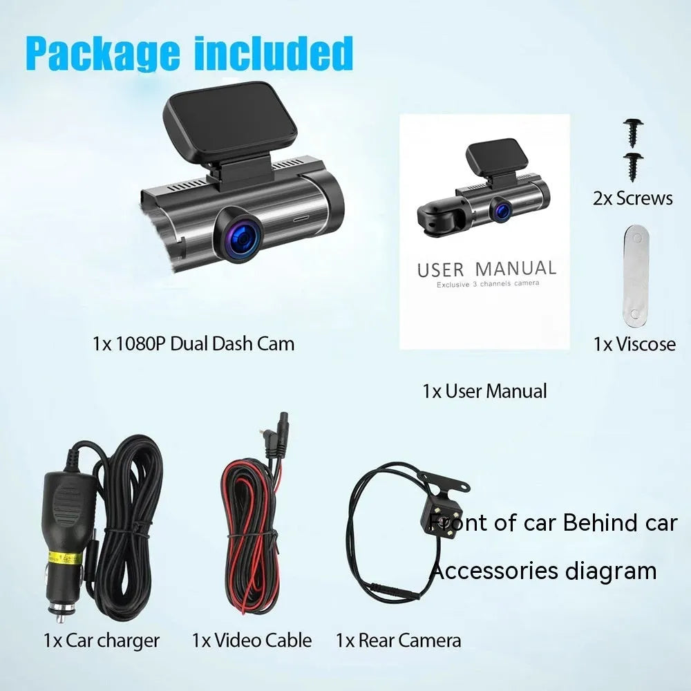 Dual-lens HD driving recorder with 3.5-inch screen showing vehicle footage