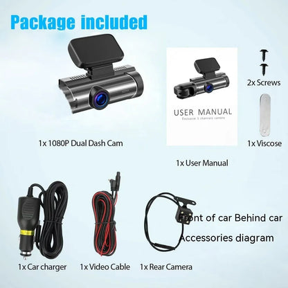 Dual-lens HD driving recorder with 3.5-inch screen showing vehicle footage
