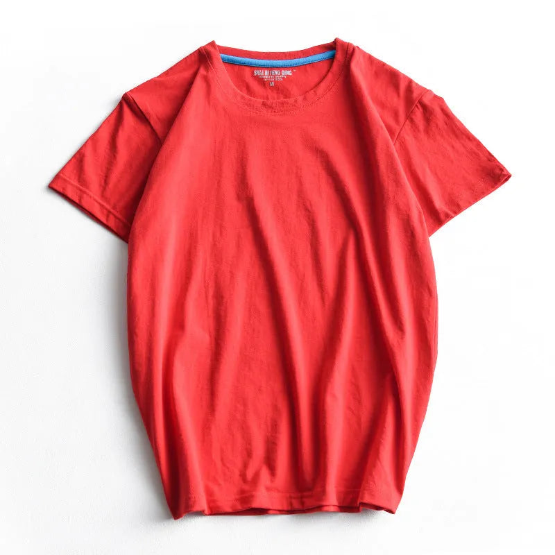 Men's solid colour cotton round neck T-shirt on a hanger, short sleeve casual style.
