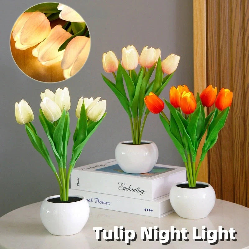 LED Tulip Flower Night Light in ceramic pot with vibrant colors for home decoration