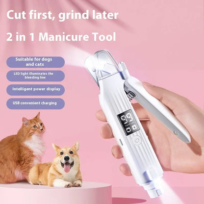White HZ8 electric dog nail clippers and trimmer with a built-in file on a rechargeable battery.
