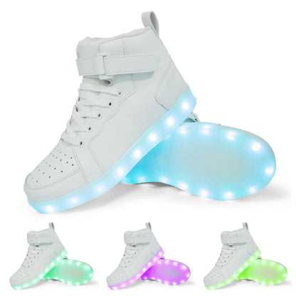 LED light-up high-top sneakers with Velcro strap in multiple colours on a dark background.