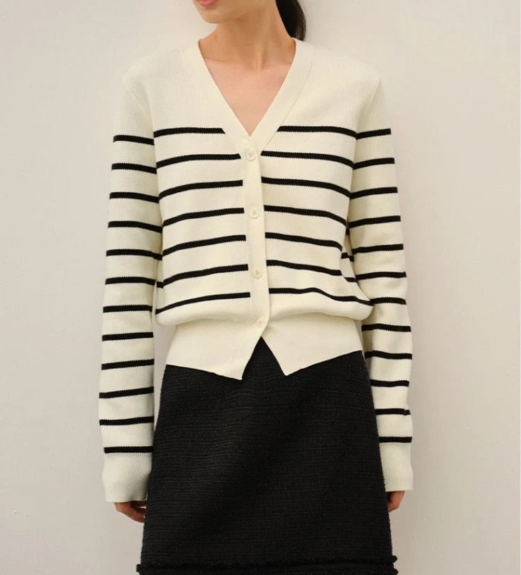 Women's striped knitted sweater jacket with button front in grey, showing regular sleeves and 40cm length
