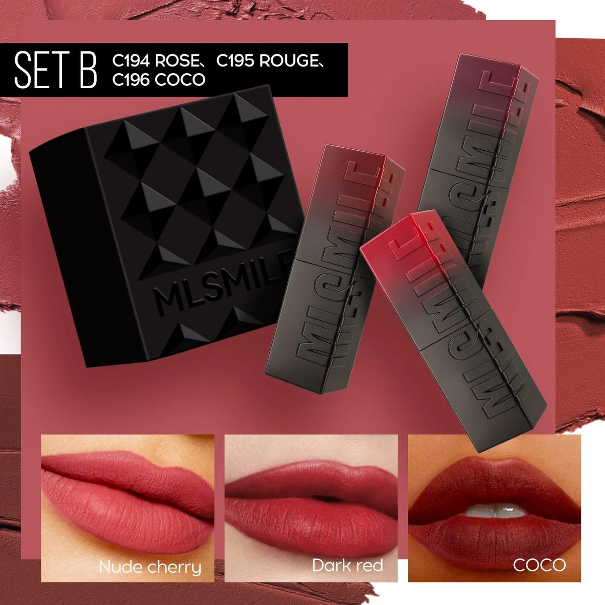 MLSMILE embossed lipstick three-piece set in open box showing three lipsticks.