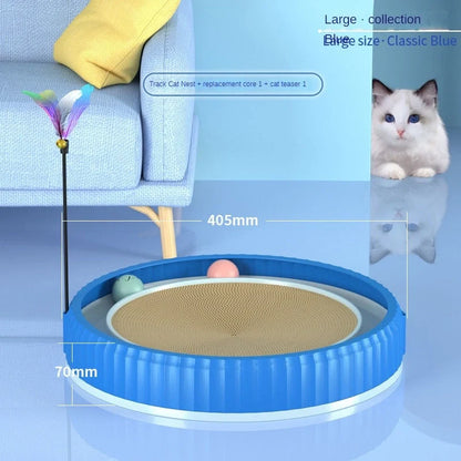 Round cat scratching board with removable pad and toy bell ball in navy blue