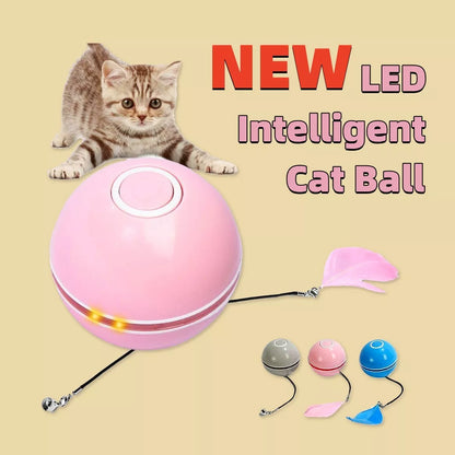Automatic LED cat ball toy with feather and bell attachments in pink, blue, or white