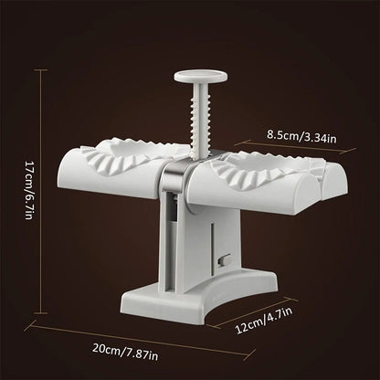 White double-head manual dumpling maker press on a kitchen counter