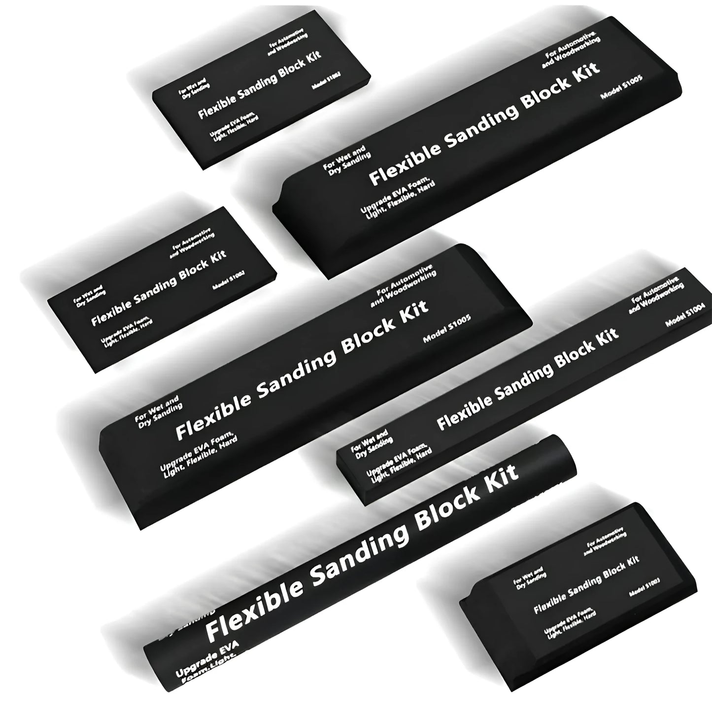Seven black frosted metal EVA blocks arranged together, each measuring 20mm by 20mm by 10mm.