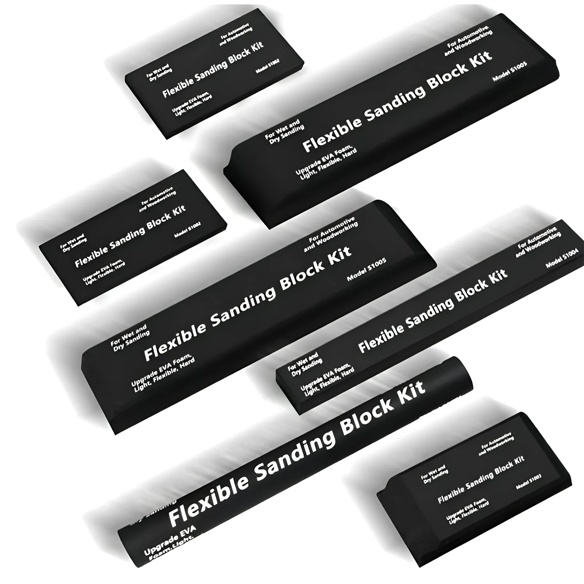 Seven black frosted metal EVA blocks arranged together, each measuring 20mm by 20mm by 10mm.