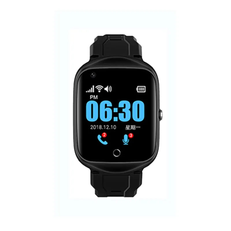 Square dial elderly phone watch with silicone strap in black, blue, or silver colour options showing 1.3-inch screen
