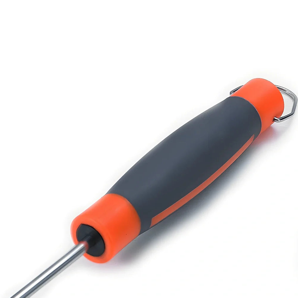 Stainless steel manual egg beater showing three size options with green and orange handles