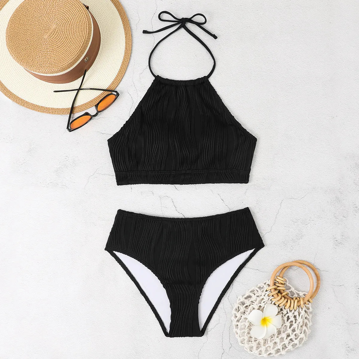 Women's conservative high-waist apron swimwear two-piece set in solid colour