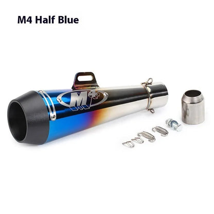 Universal M4 motorcycle exhaust pipe in various finishes including black, titanium, and half blue with back pressure options