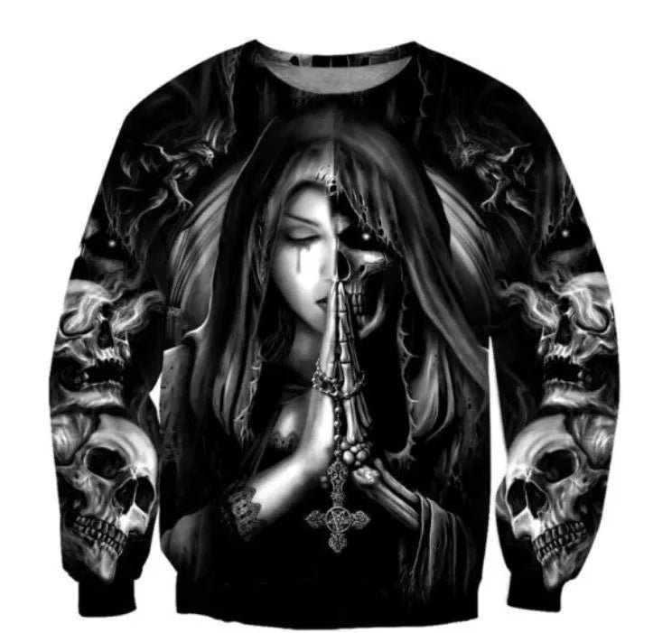 A grey hooded sweatshirt featuring a large 3D printed graphic of an anime-style skull, with the hood up.