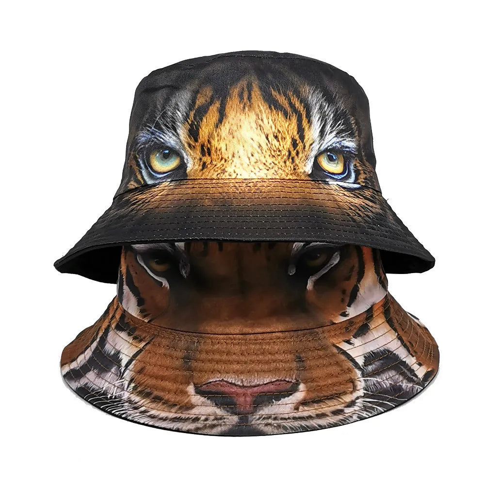 Tiger print bucket hat with dome crown on a neutral background