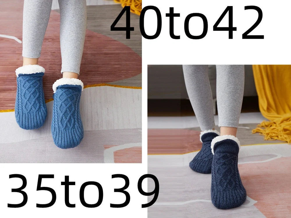 Winter woolen socks with V-opening design and anti-slip dots on soles in navy blue colour